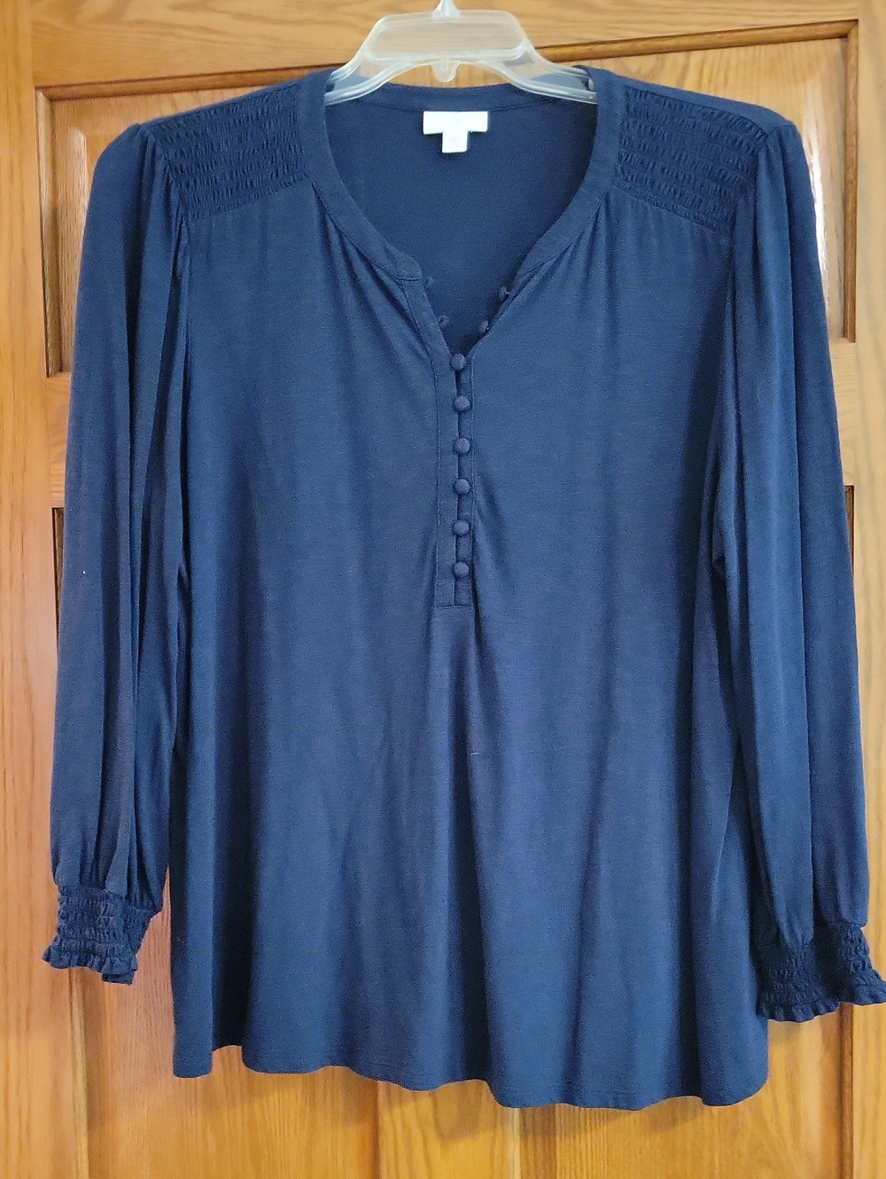 J. Jill Navy Long-Sleeve Henley with Smocked Shoulders
